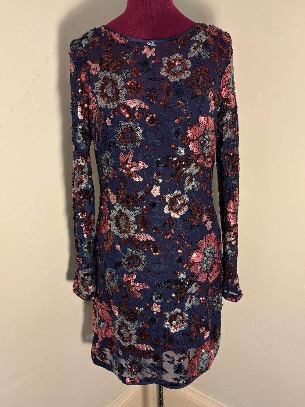 Anthropologie beaded cocktail dress navy floral sheer sequin medium